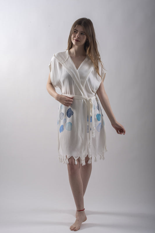 Deniz Kabuğu Desenli Viskon Kapüşonlu Kuşaklı Yelek - Reina Textile