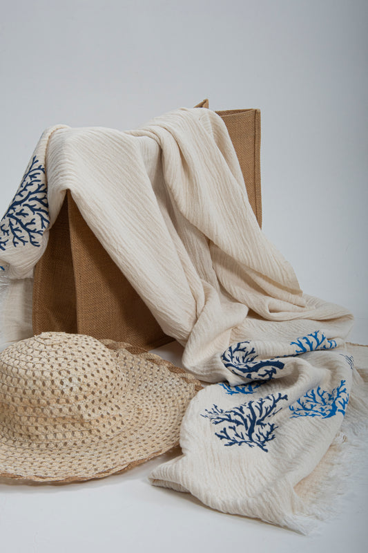 Müslin Mavi Mercan Desenli Peştemal - Reina Textile