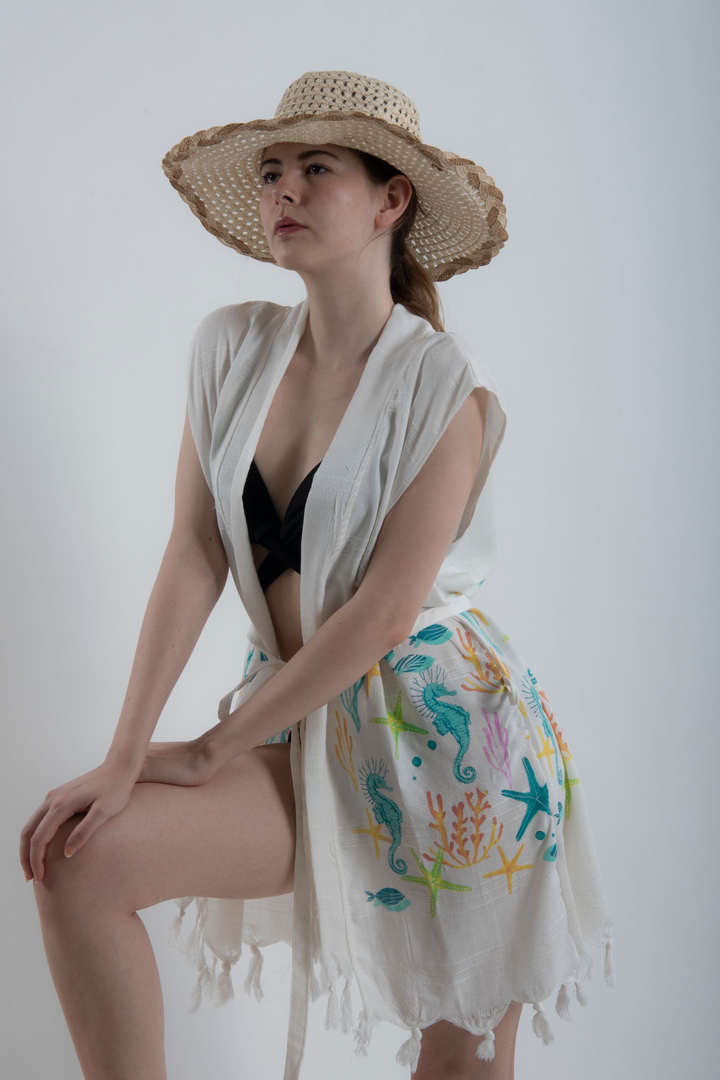 Denizaltı Desenli Viskon Kimono Kuşaklı Yelek