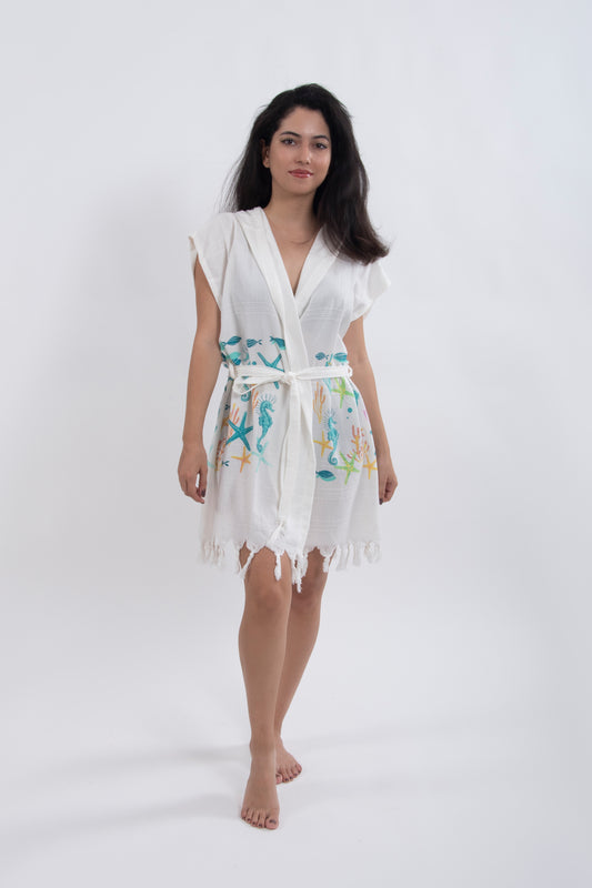 Denizaltı Desenli Viskon Kapüşonlu Kuşaklı Yelek - Reina Textile