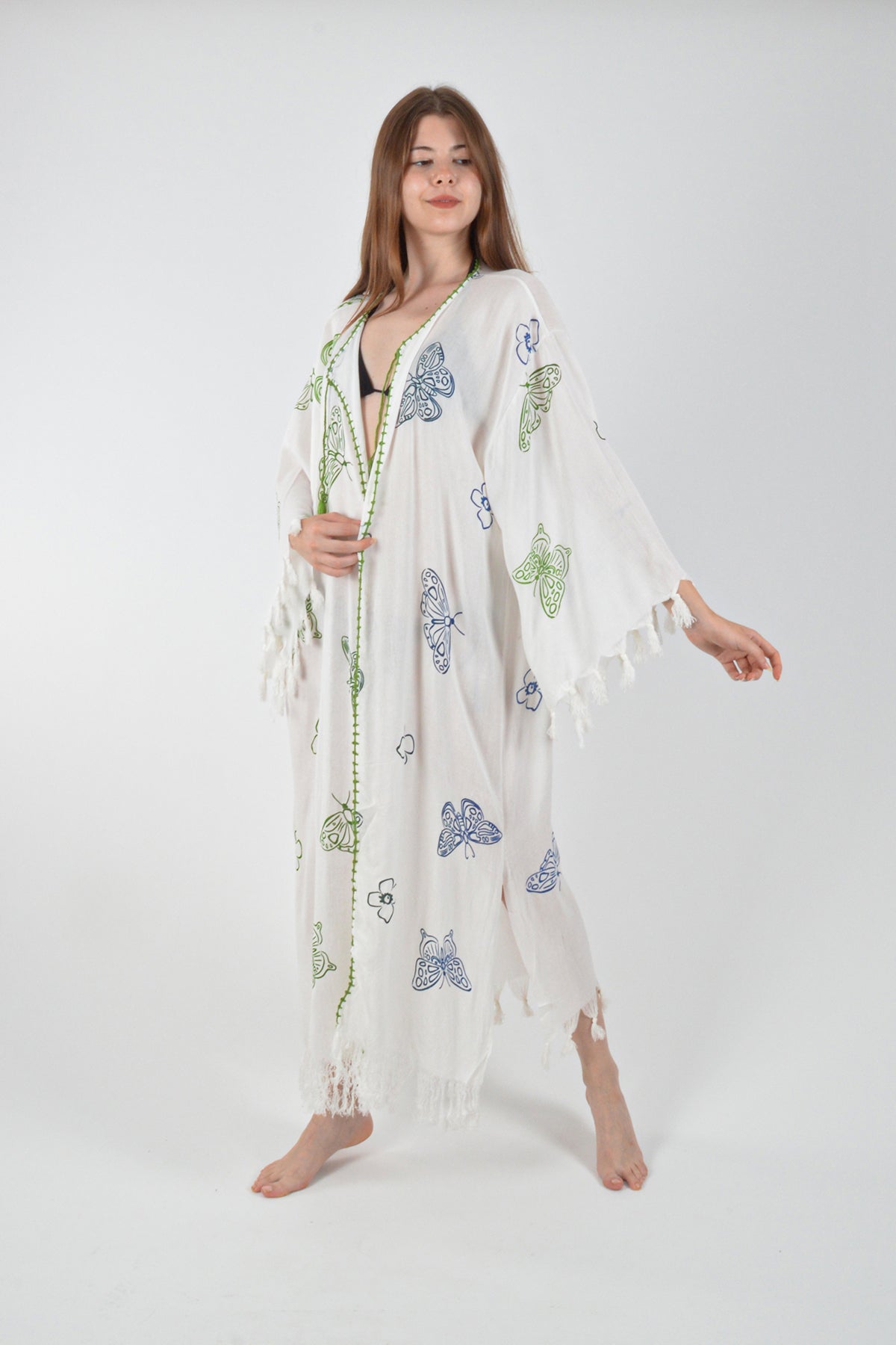 Beyaz Retro Renkli Kelebek Desenli Kimono Kaftan