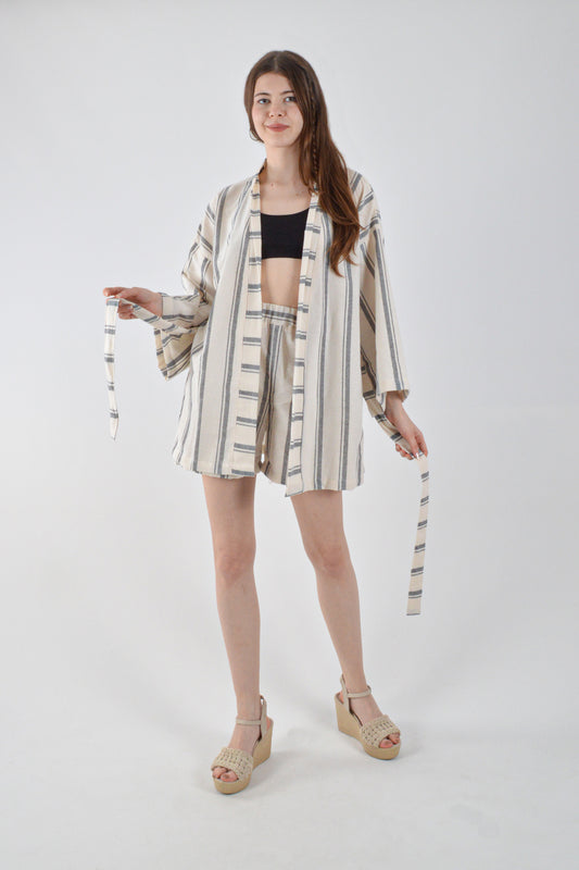 Takım Kimono Şort Kalin Siyah Çizgili Alt-Üst Takım Plaj/Günlük Giyim - Reina Textile