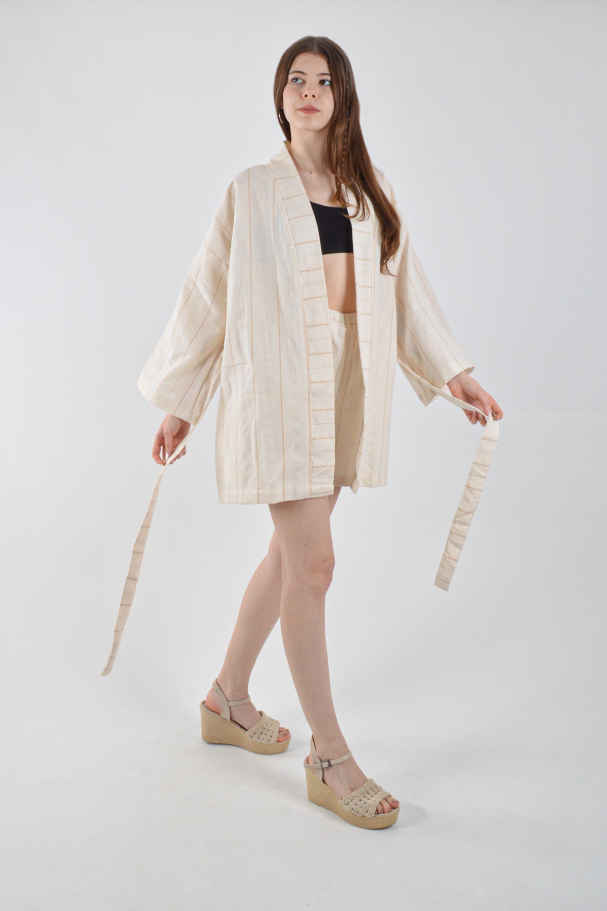 Takım Kimono Şort Kalın Krem Çizgili Alt-Üst Takım Plaj/Günlük Giyim