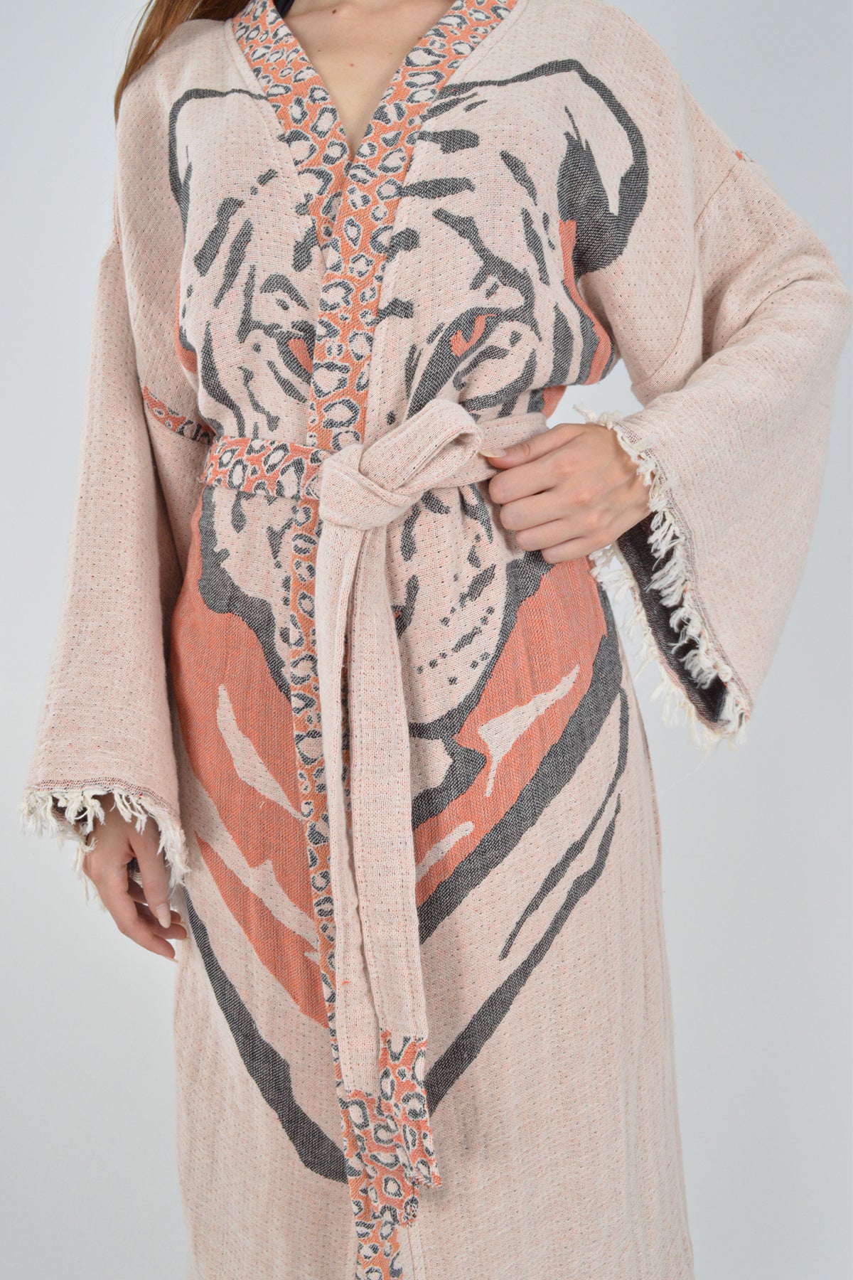 Müslin Kaplan Jakardan Desenli Bohem Kimono Kaftan
