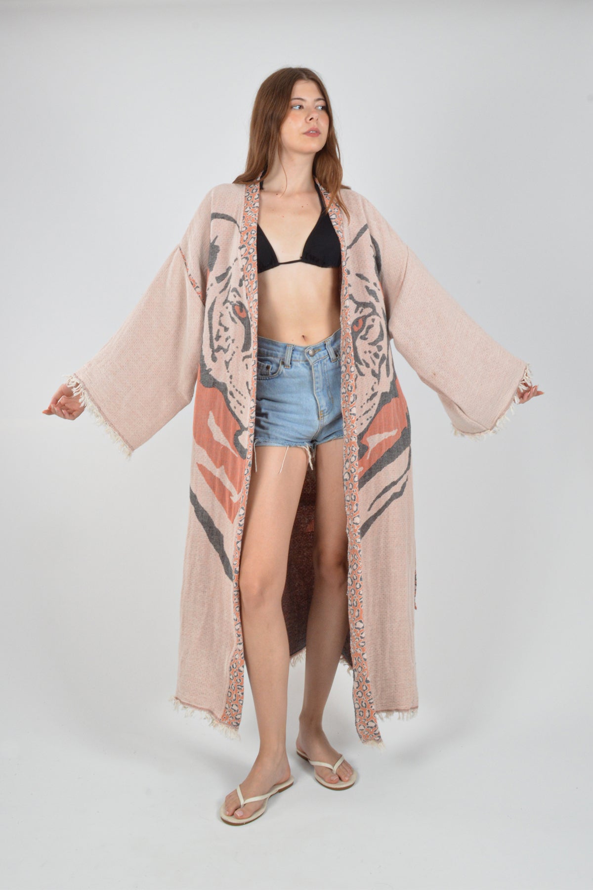 Müslin Kaplan Jakardan Desenli Bohem Kimono Kaftan