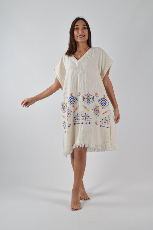 Müslin Kilim Desenli Müslin V Yaka Elbise - Reina Textile