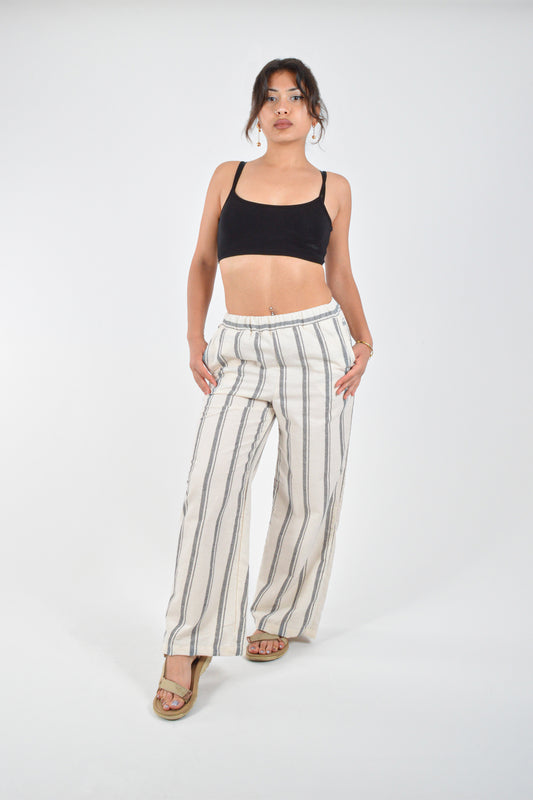 Keten Palazzo Krem Gri Kalın Çizgili Pantolon - Reina Textile
