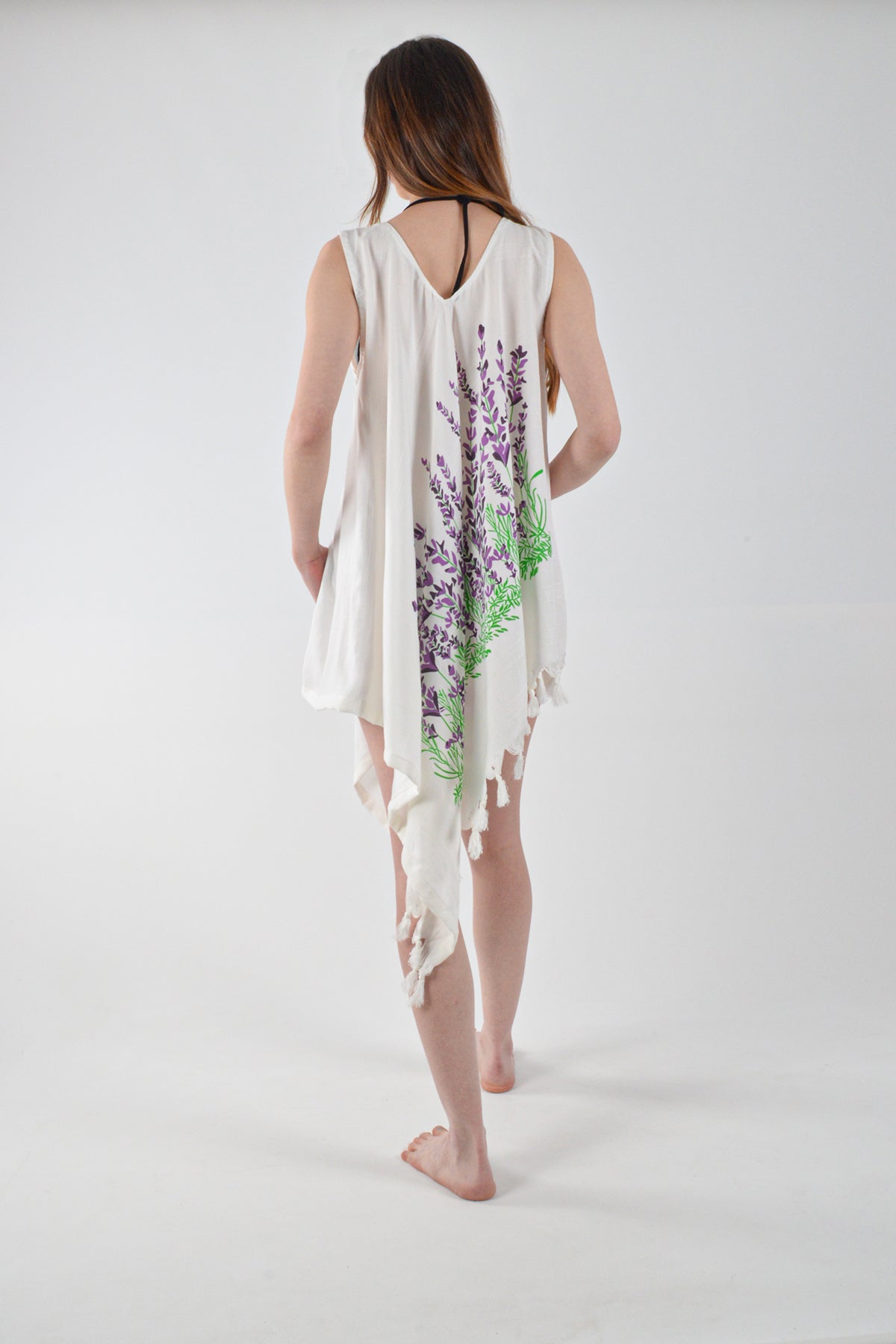 Lavanta Desenli Viskon Asimetrik Sahil Elbisesi