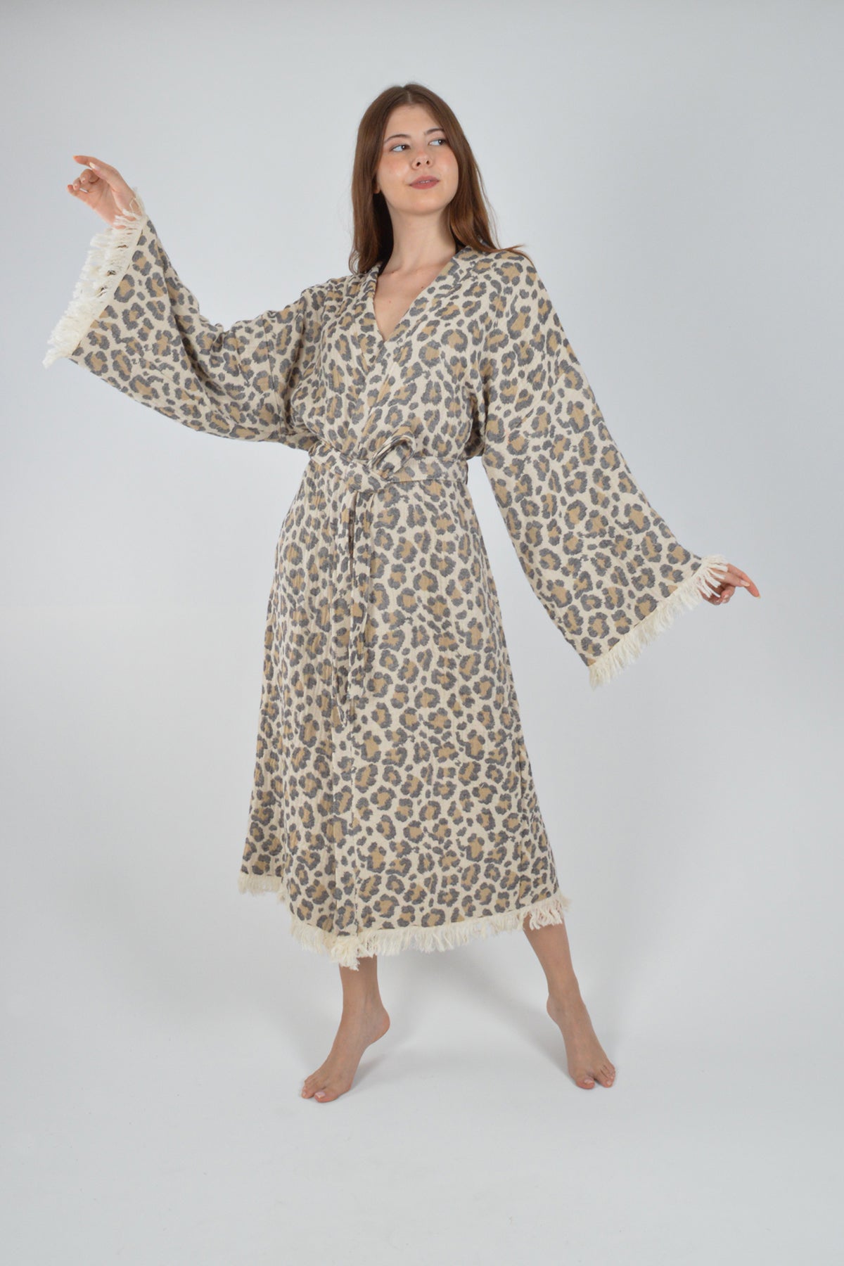 Müslin Leopar Jakardan Desenli Bohem Kimono Kaftan