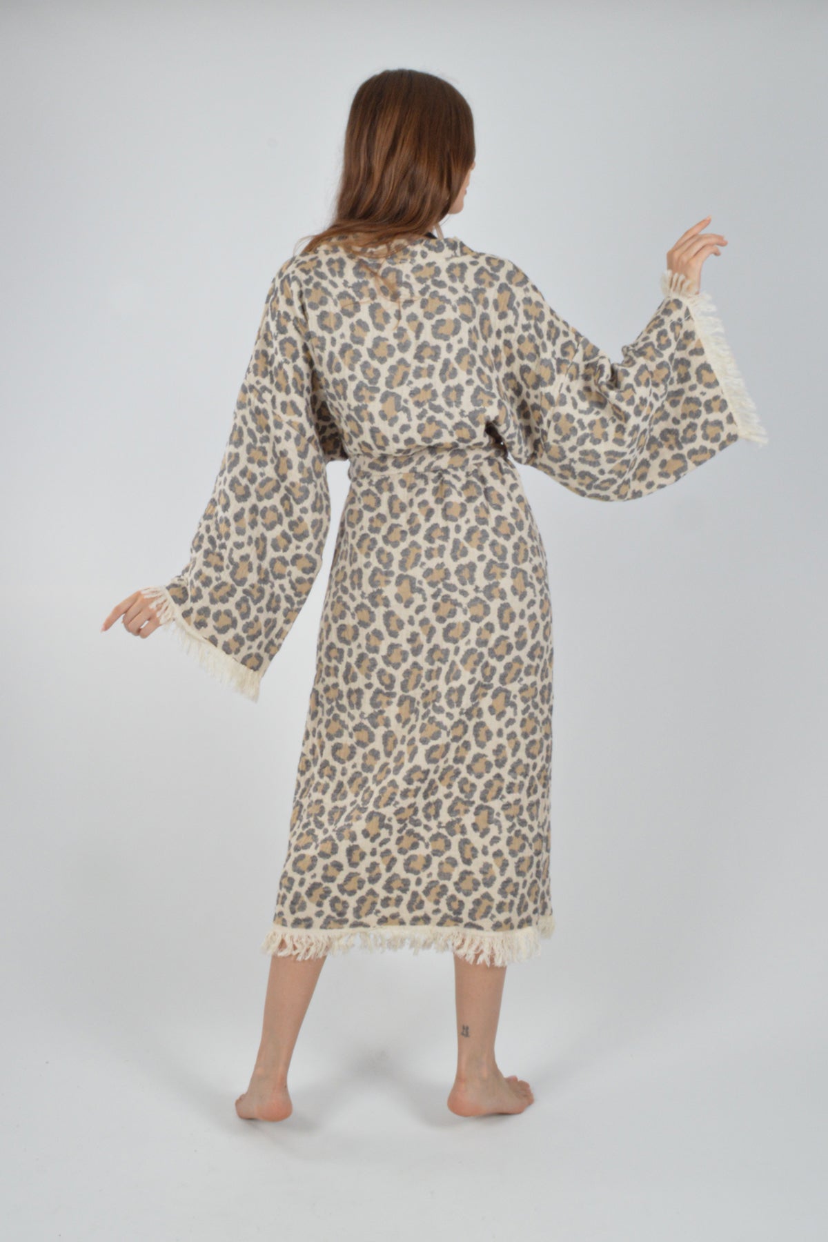 Müslin Leopar Jakardan Desenli Bohem Kimono Kaftan