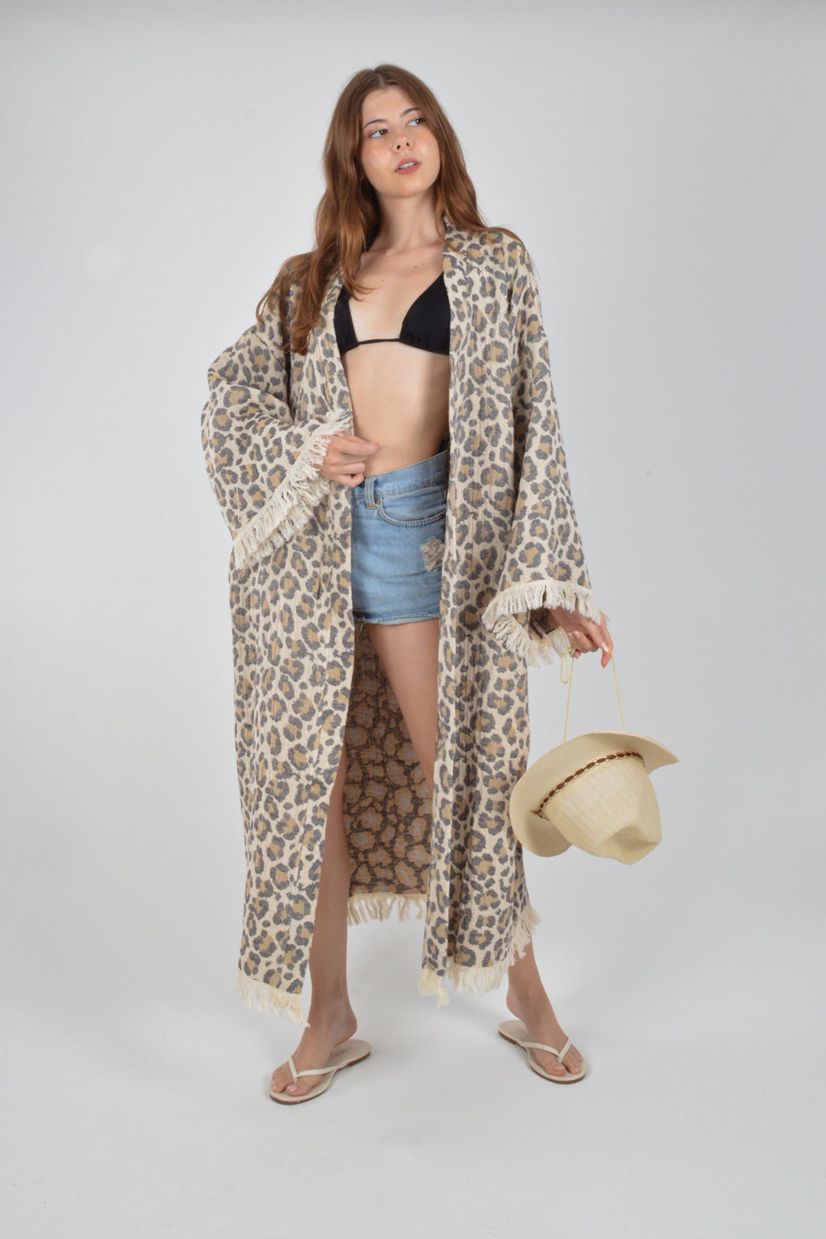 Müslin Leopar Jakardan Desenli Bohem Kimono Kaftan