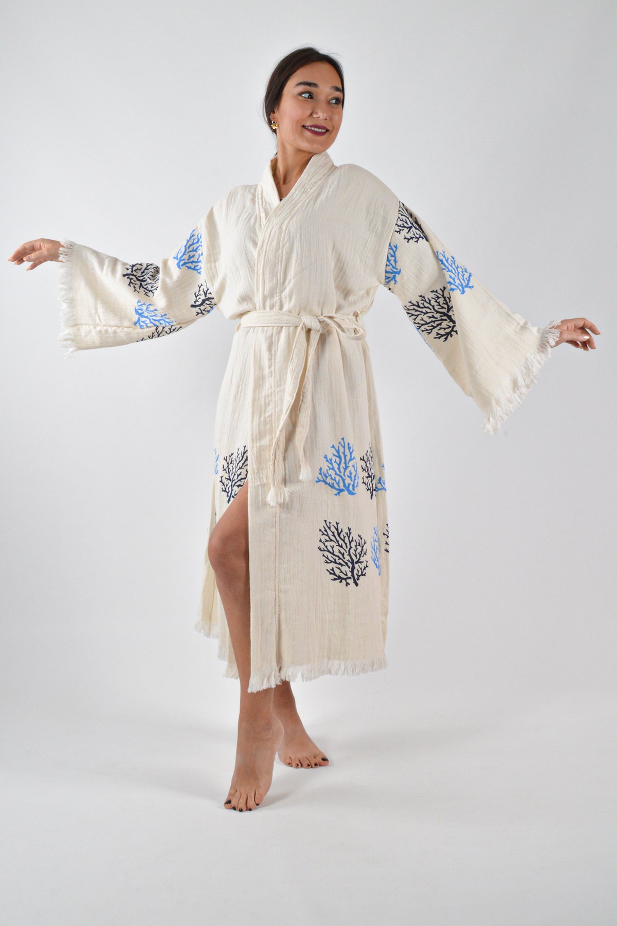 Müslin Mavi Mercan Desenli Kimono Kaftan