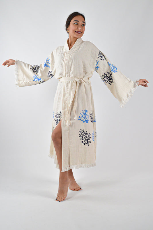 Müslin Mavi Mercan Desenli Kimono Kaftan - Reina Textile