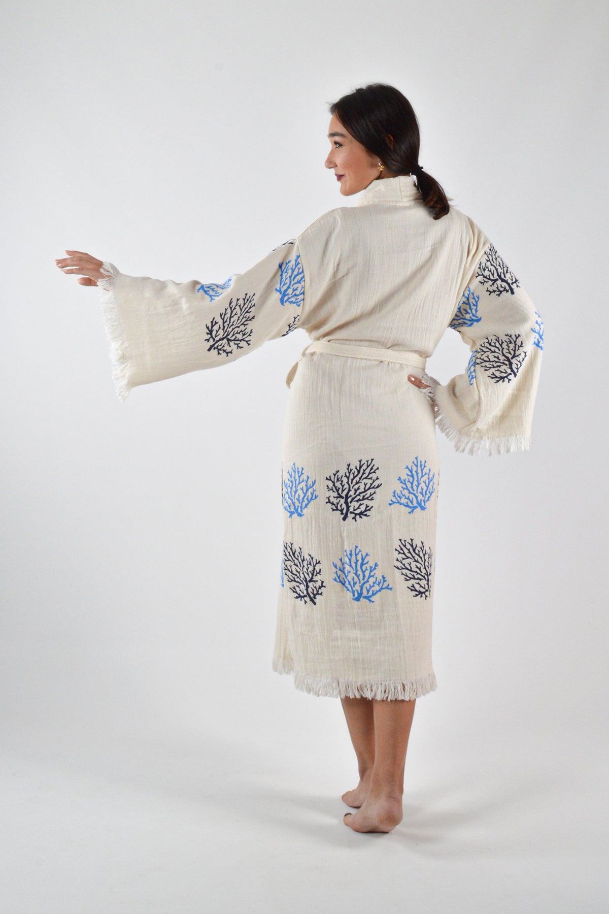 Müslin Mavi Mercan Desenli Kimono Kaftan