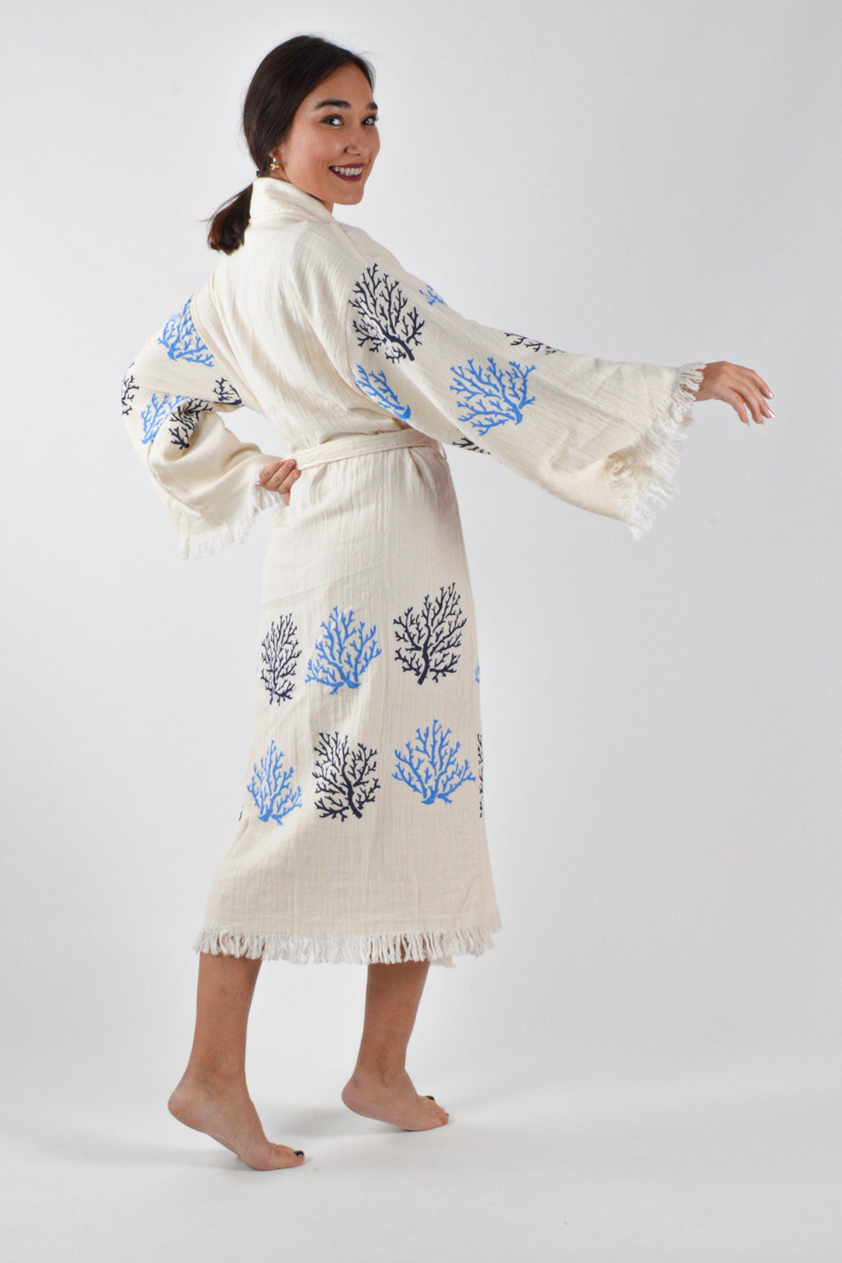 Müslin Mavi Mercan Desenli Kimono Kaftan