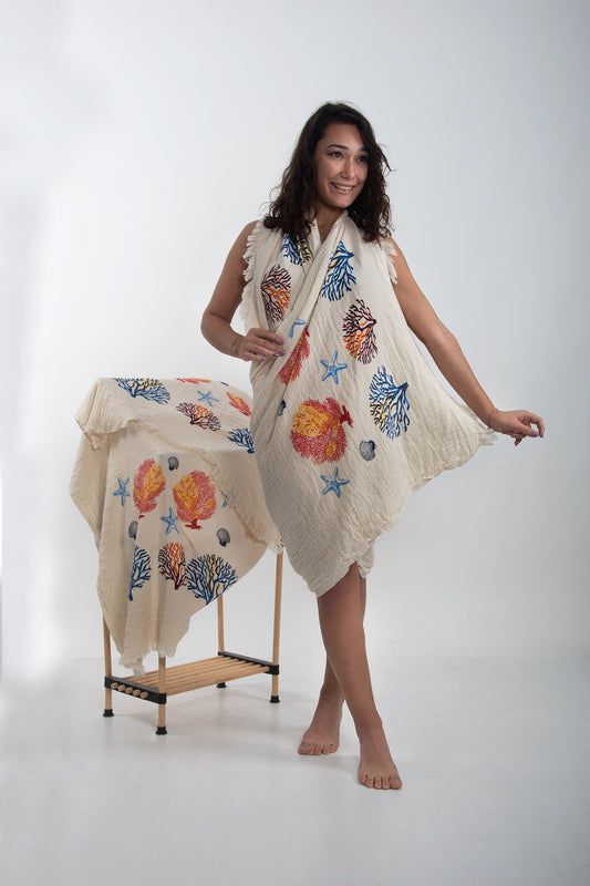 Müslin Karışık Mercan Denizyıldızı Desenli Peştemal - Reina Textile