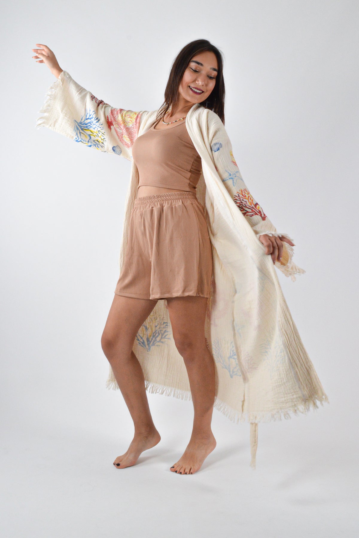 Müslin Karışık Mercan Desenli Kimono Kaftan