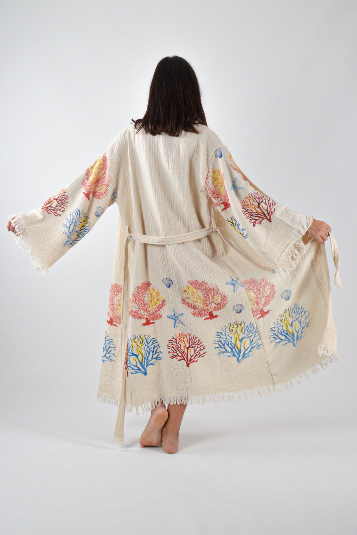 Müslin Karışık Mercan Desenli Kimono Kaftan