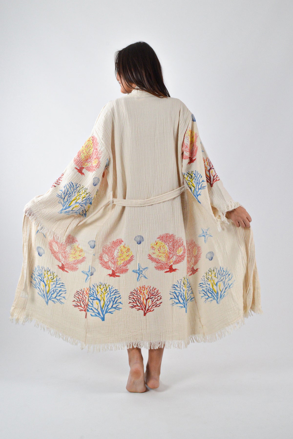Müslin Karışık Mercan Desenli Kimono Kaftan