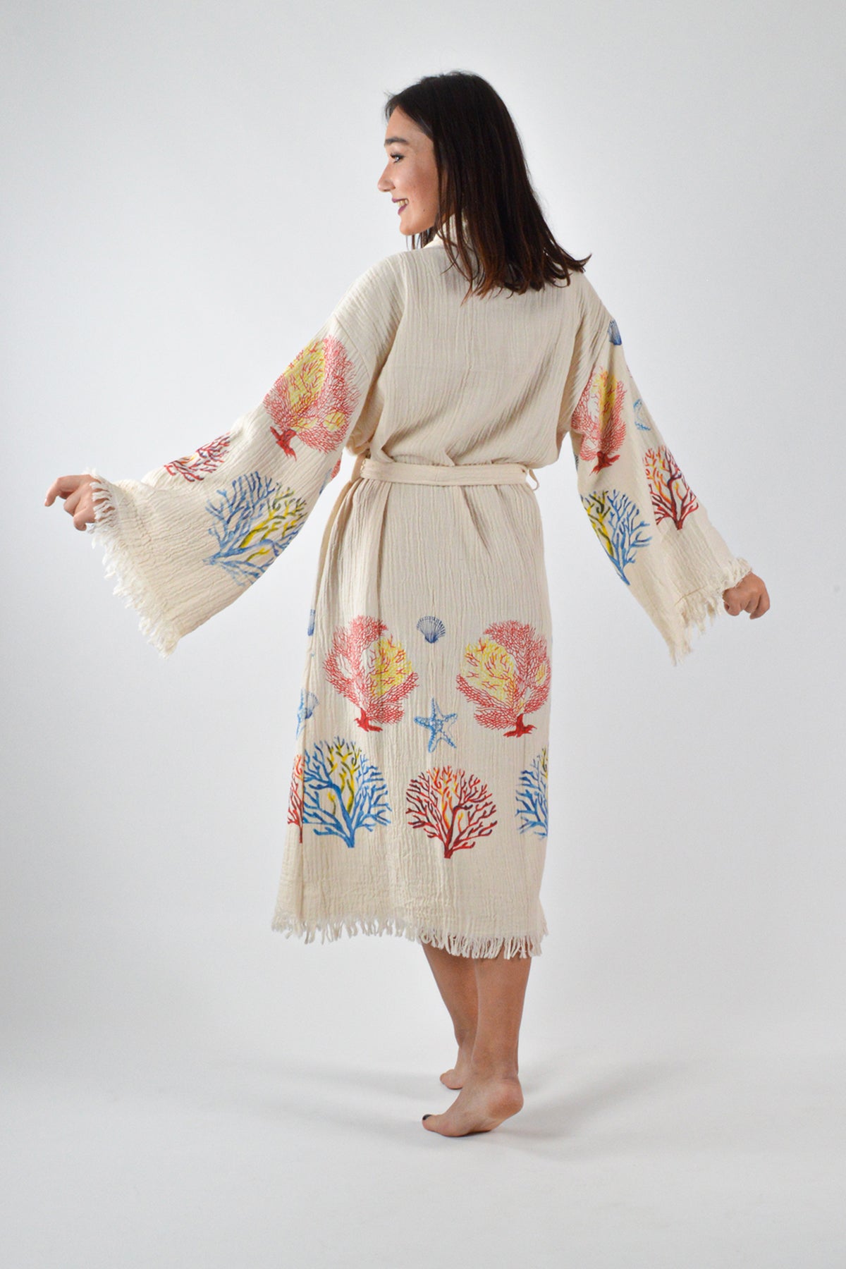 Müslin Karışık Mercan Desenli Kimono Kaftan
