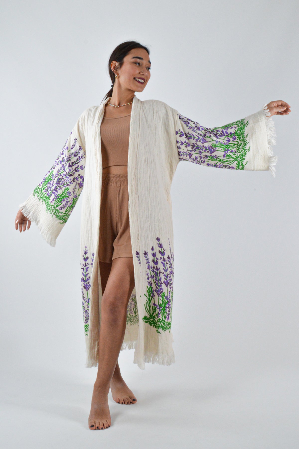Müslin Lavanta Desenli Kimono Kaftan