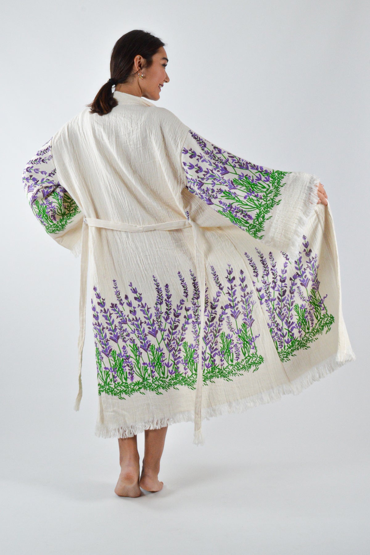 Müslin Lavanta Desenli Kimono Kaftan