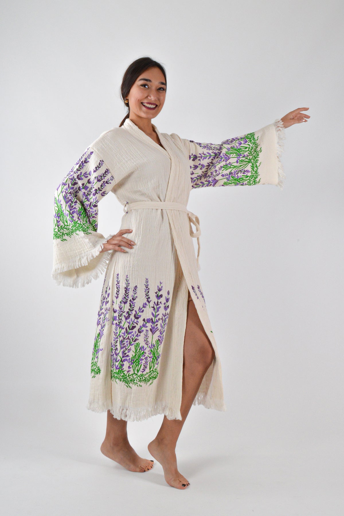 Müslin Lavanta Desenli Kimono Kaftan