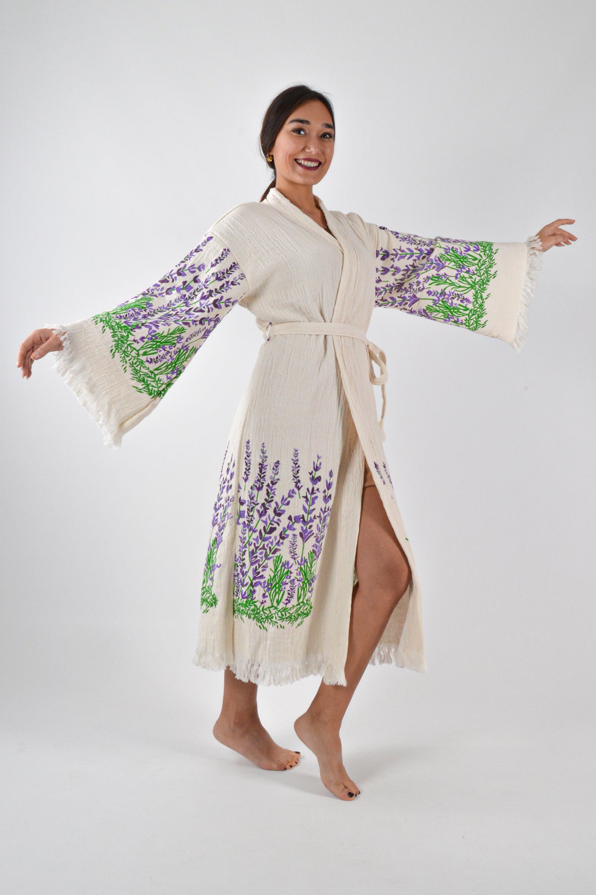 Müslin Lavanta Desenli Kimono Kaftan