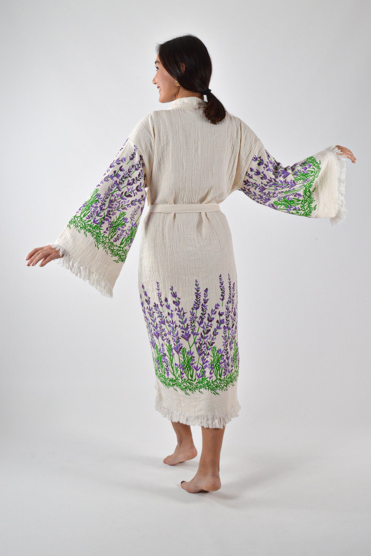 Müslin Lavanta Desenli Kimono Kaftan