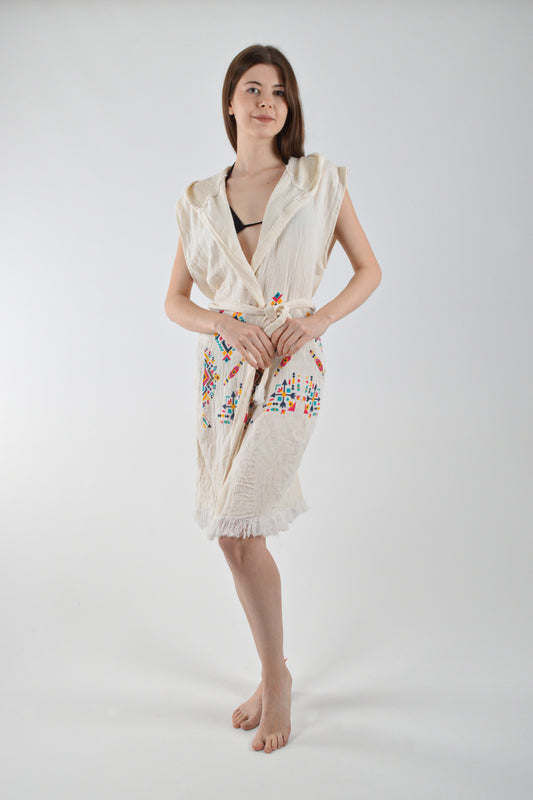 Müslin Kilim Desenli Kapüşonlu Kuşaklı Yelek - Reina Textile