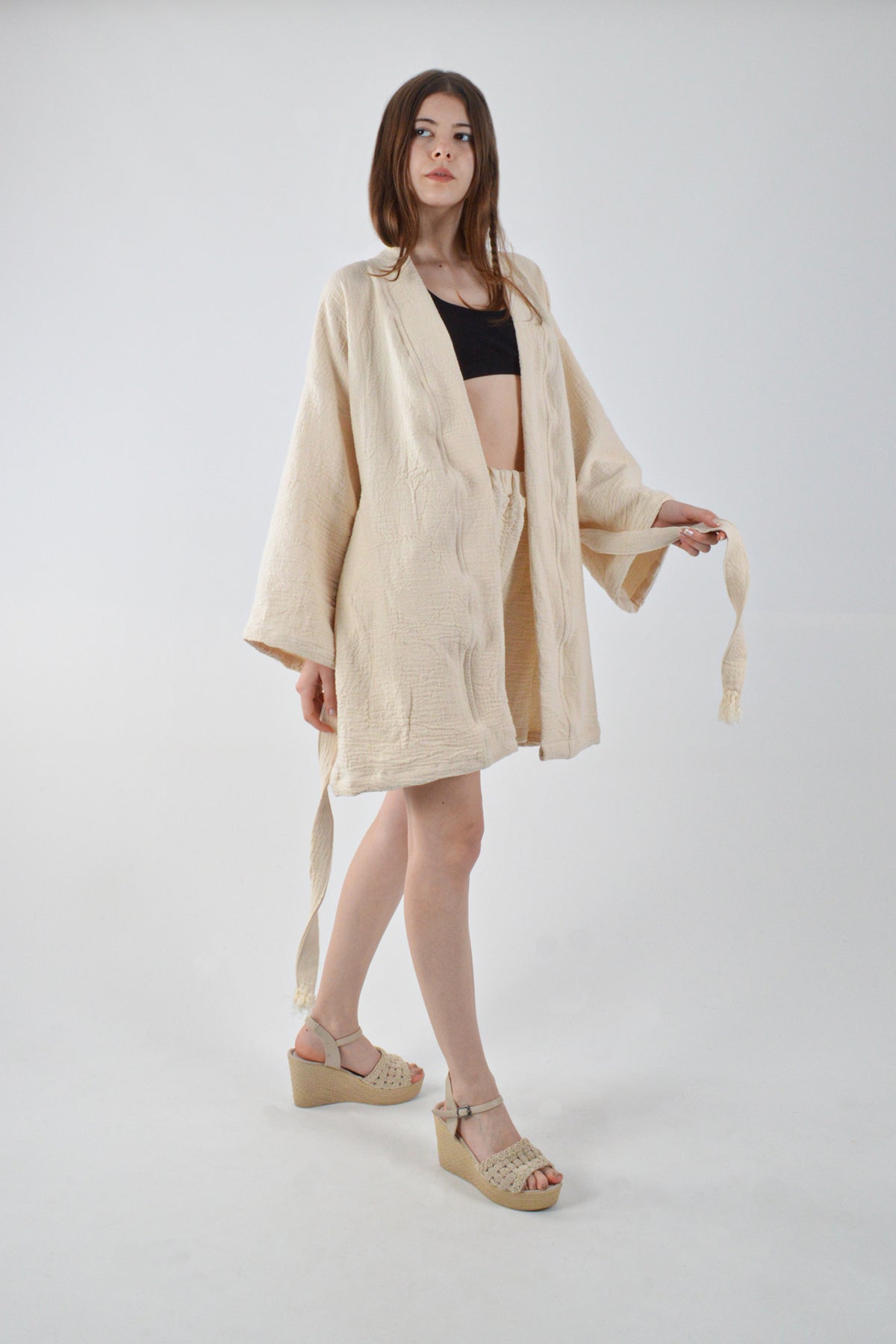Naturel Takım Kimono Şort Müslin Alt-Üst Takım Plaj/Günlük Giyim