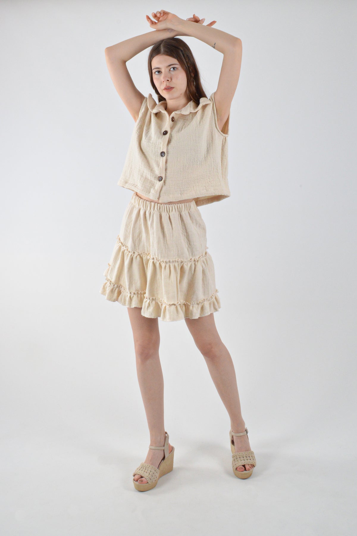 Naturel Takım Askılı Gömlek Fırfırlı Etek Müslin Alt-Üst Takım Plaj/Günlük Giyim