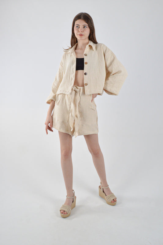 Naturel Takım Kapri Kol Gömlek Kemer Detaylı Şort Müslin Alt-Üst Takım Plaj/Günlük Giyim - Reina Textile