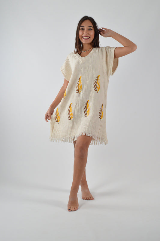 Sarı Çam Desenli Müslin V Yaka Elbise - Reina Textile