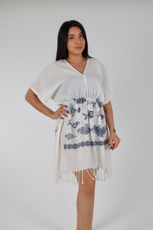 Lacivert Balık Desenli Viskon Beli Lastikli Pareo