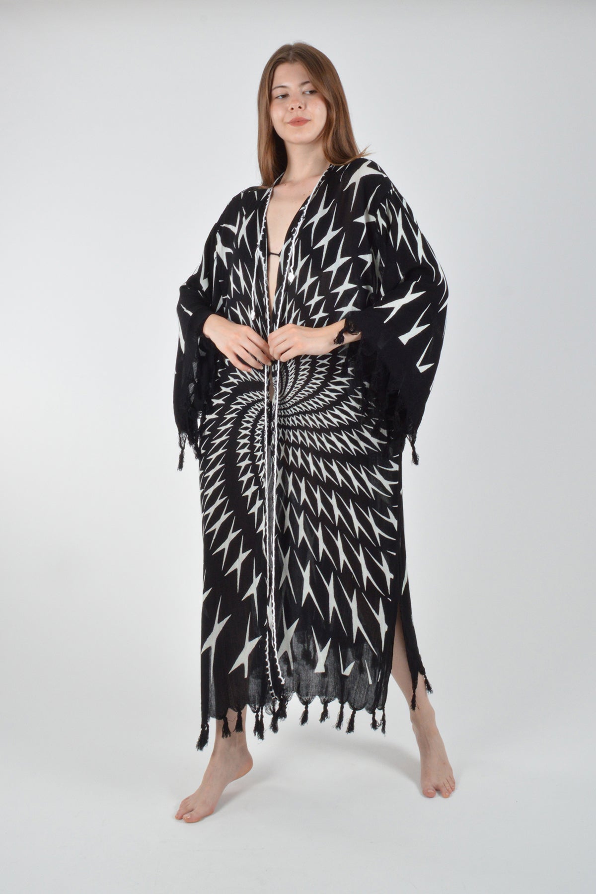 Siyah Retro Hipnoz Desenli Viskon Kimono Kaftan