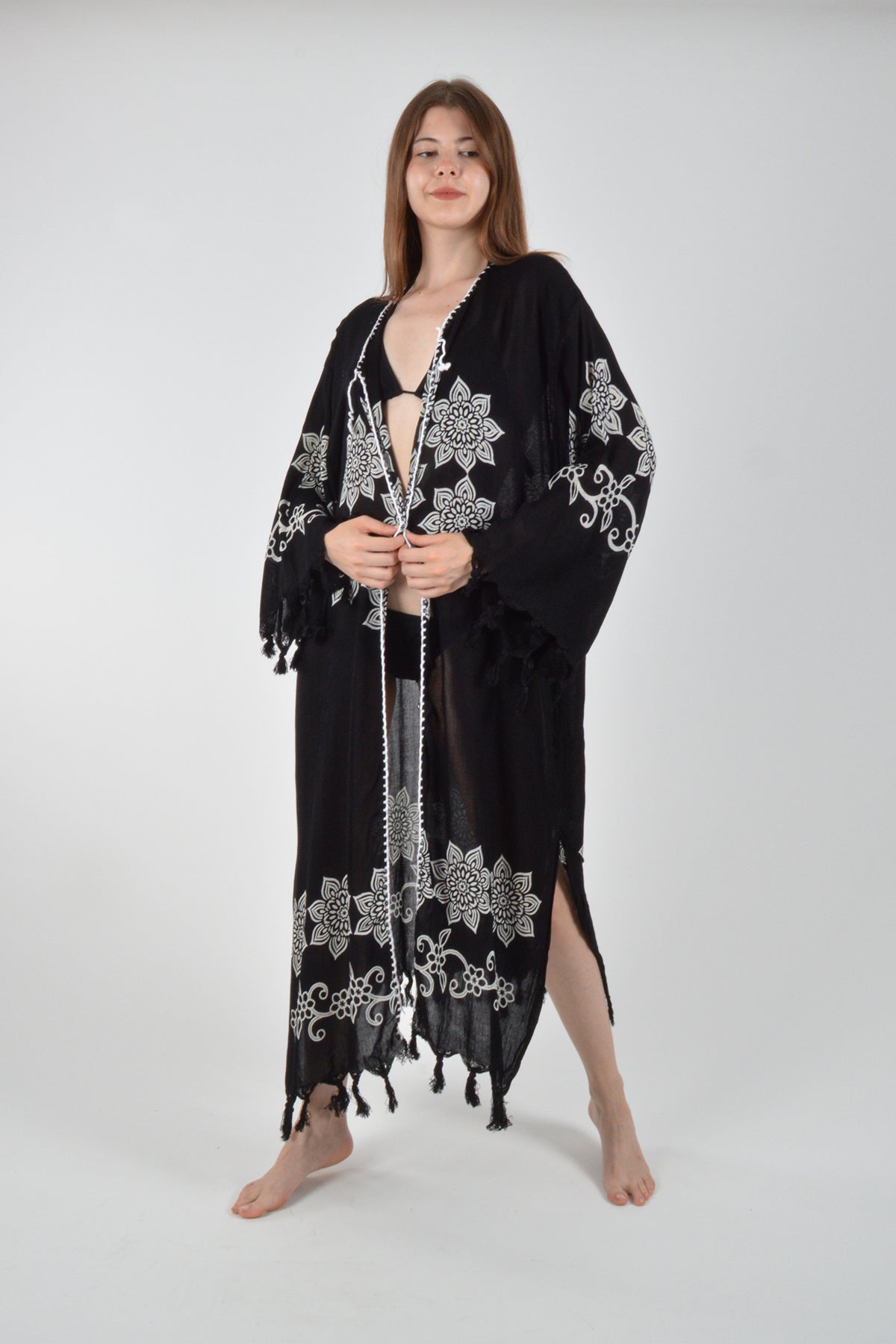 Siyah Retro Çiçek Desenli Viskon Kimono Kaftan