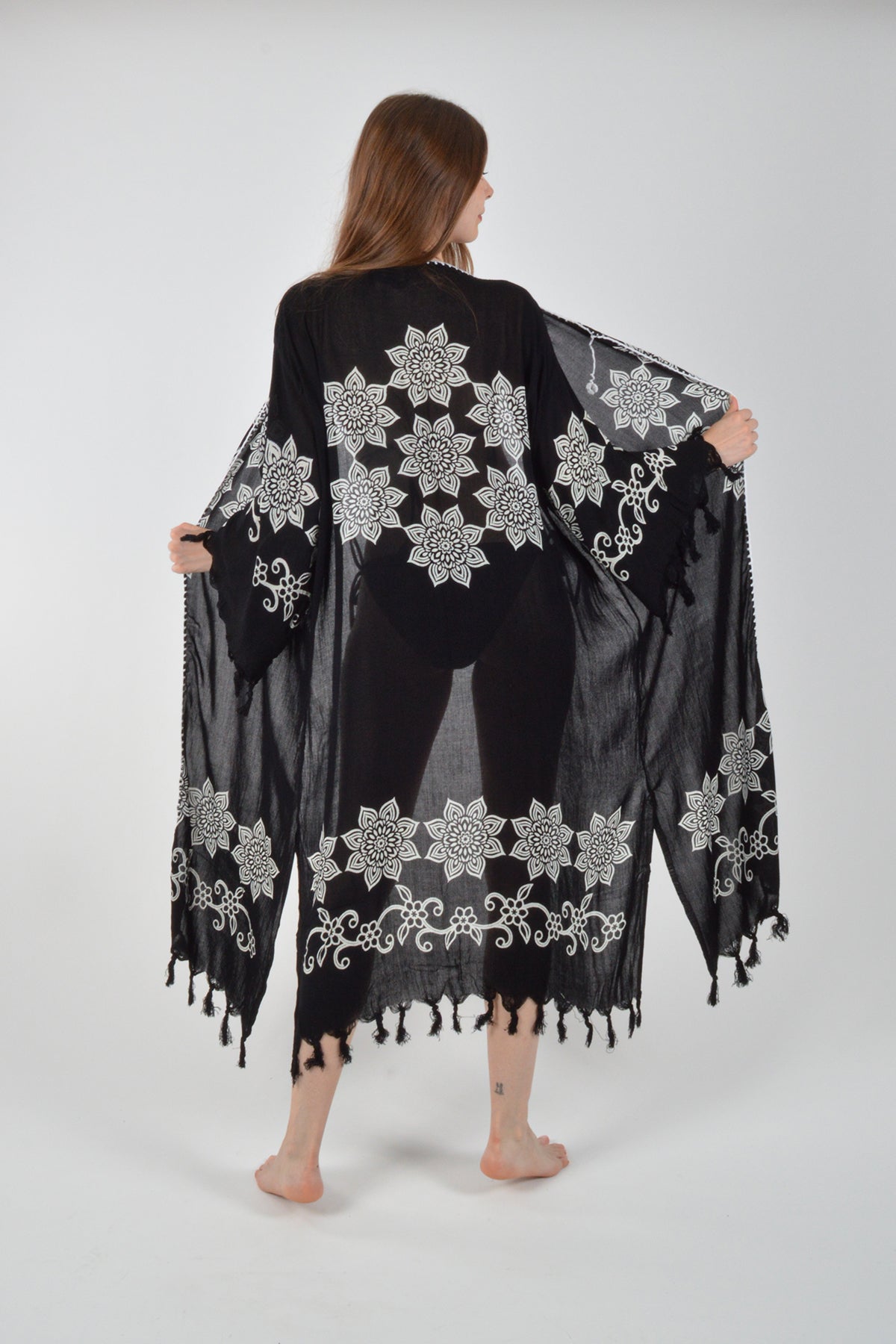 Siyah Retro Çiçek Desenli Viskon Kimono Kaftan
