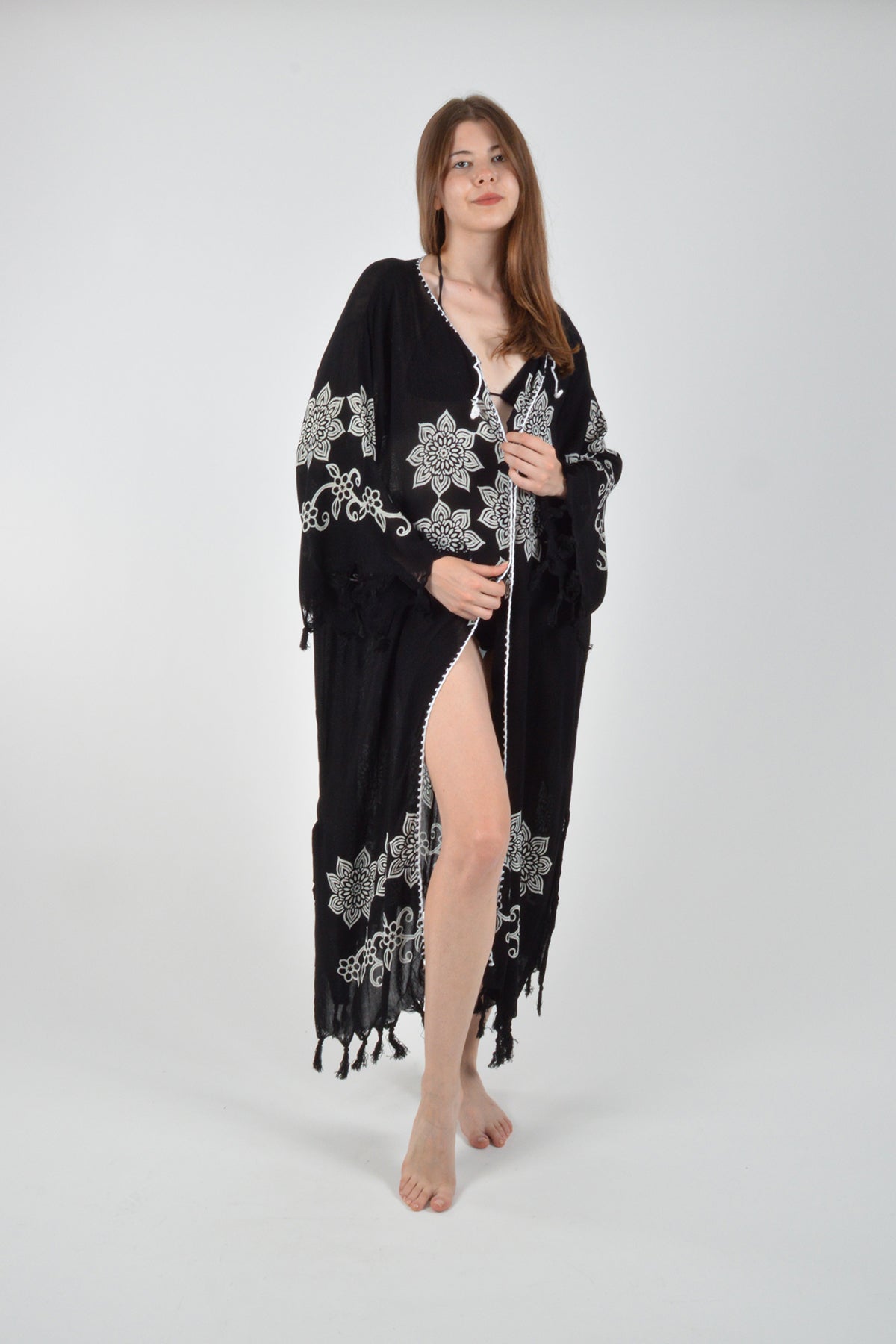 Siyah Retro Çiçek Desenli Viskon Kimono Kaftan