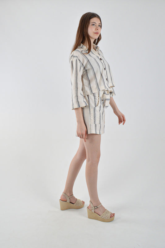 Takım Kapri Kol Gömlek Kemer Detaylı Şort Kalin Siyah Çizgili Alt-Üst Takım Plaj/Günlük Giyim - Reina Textile