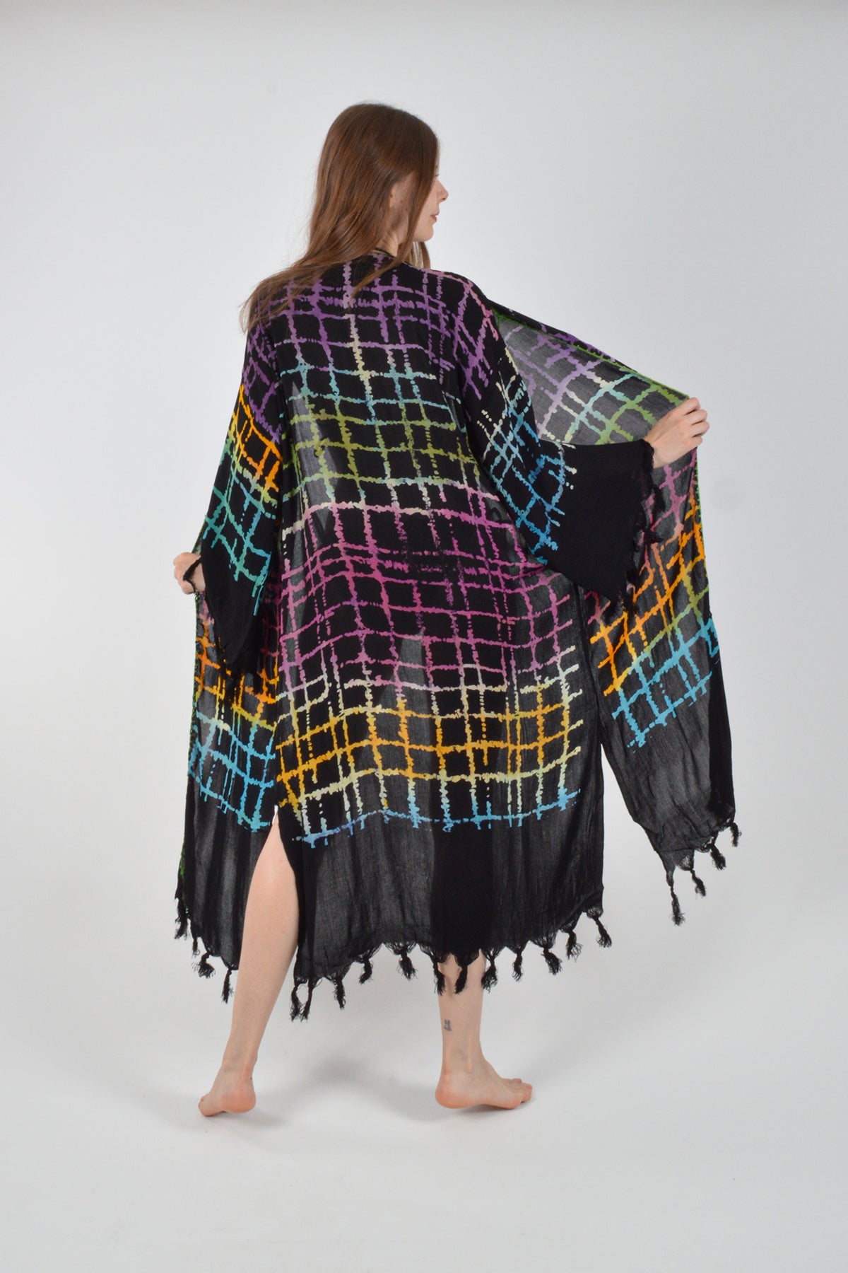 Siyah Retro Renkli Ağ Desenli Viskon Kimono Kaftan