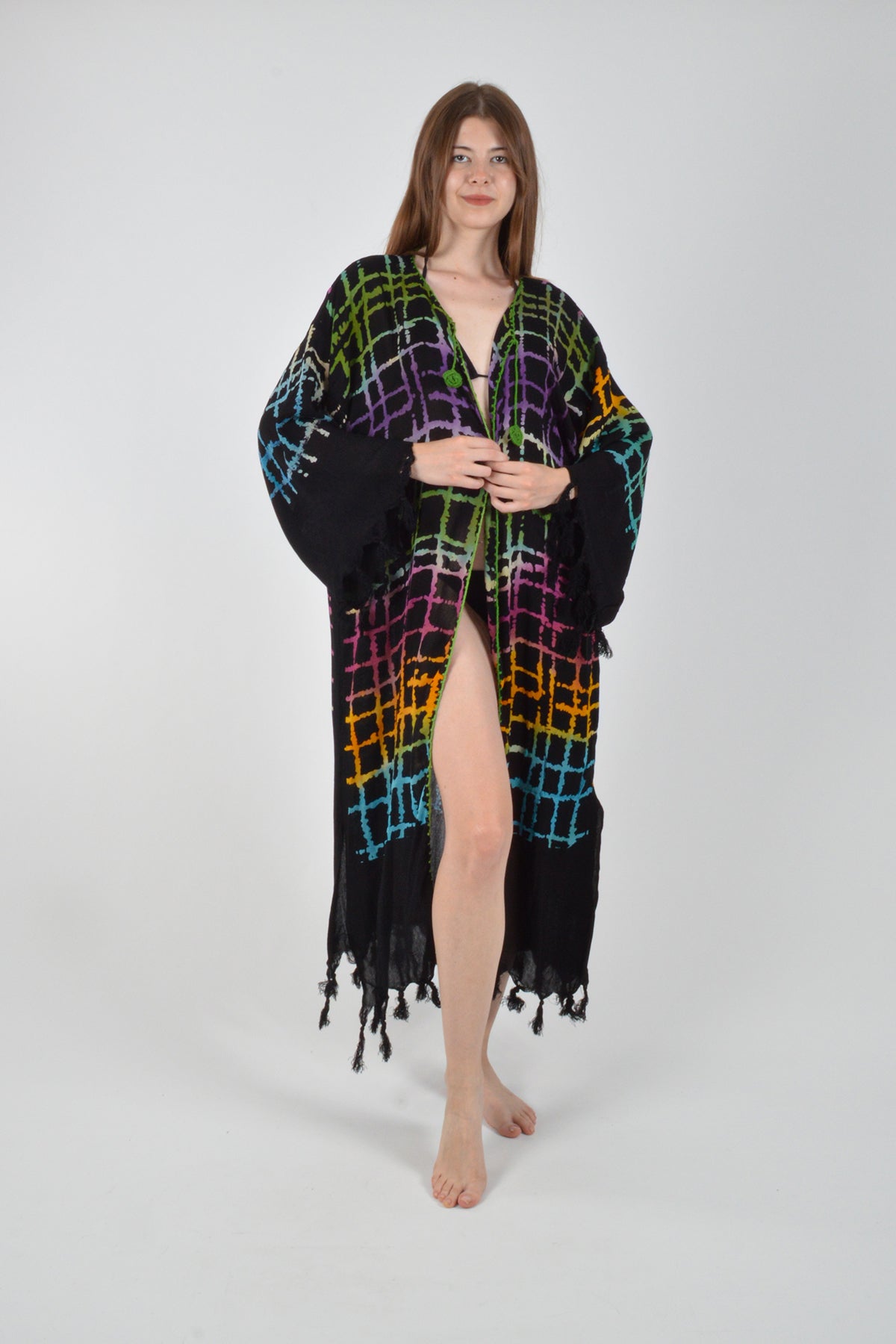 Siyah Retro Renkli Ağ Desenli Viskon Kimono Kaftan