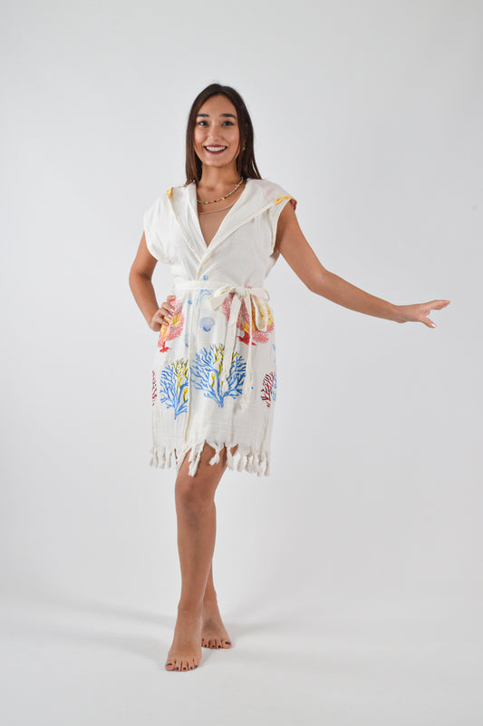 Karışık Mercan Desenli Viskon Kapüşonlu Yelek - Reina Textile