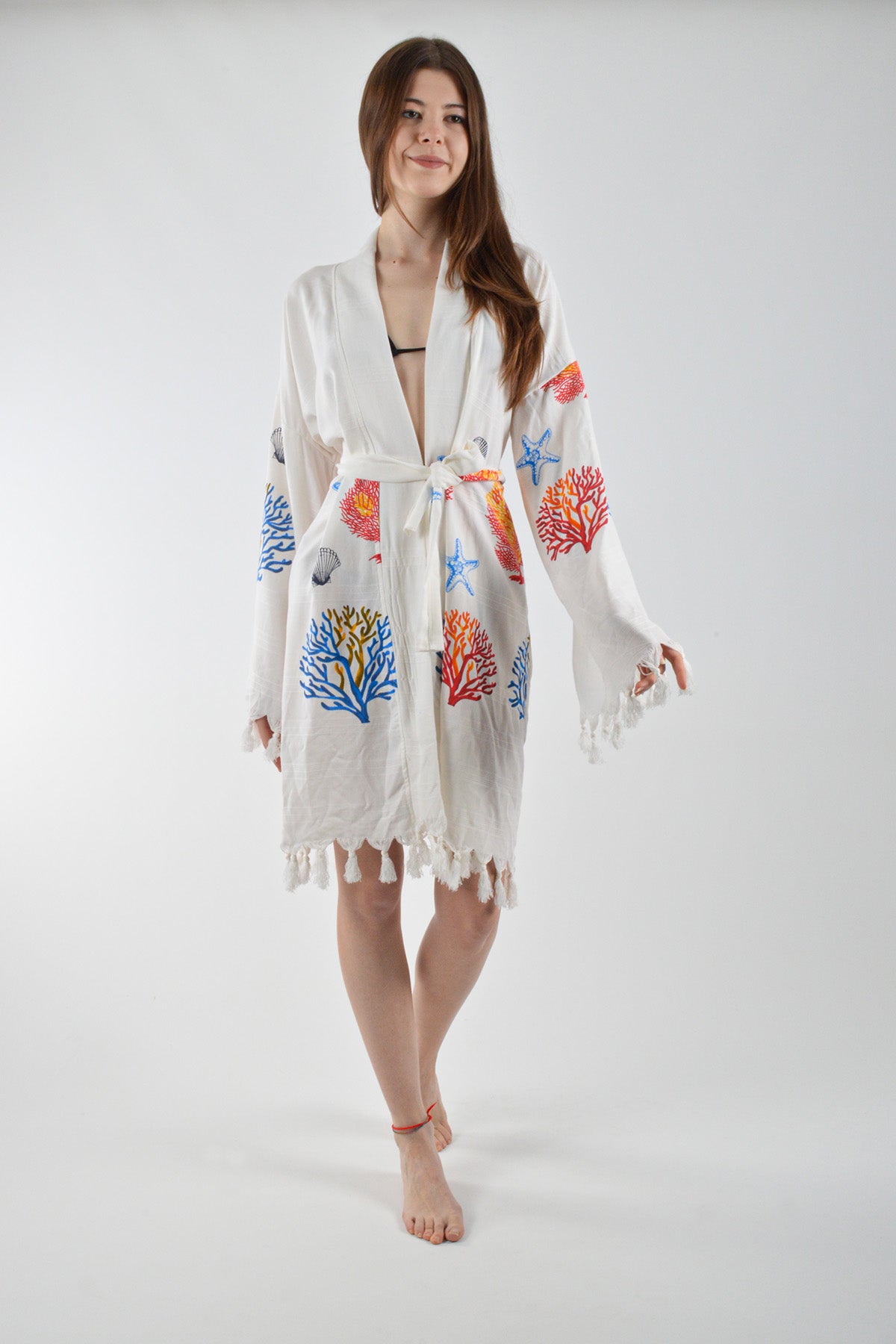Karışık Mercan Desenli Viskon Kimono Kuşaklı Bornoz