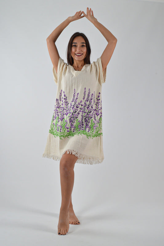 Lavanta Desenli Müslin V Yaka Elbise - Reina Textile