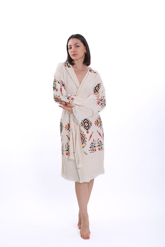 Müslin Kilim Desenli Kapüşonlu Bornoz - Reina Textile