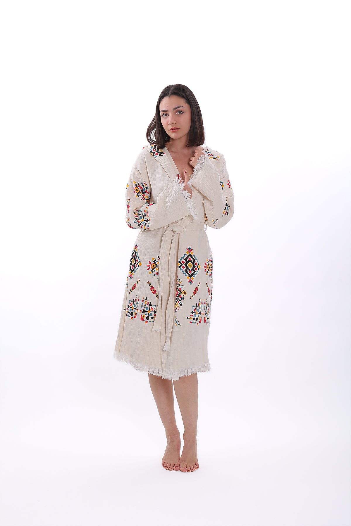 Müslin Kilim Desenli Kapüşonlu Bornoz