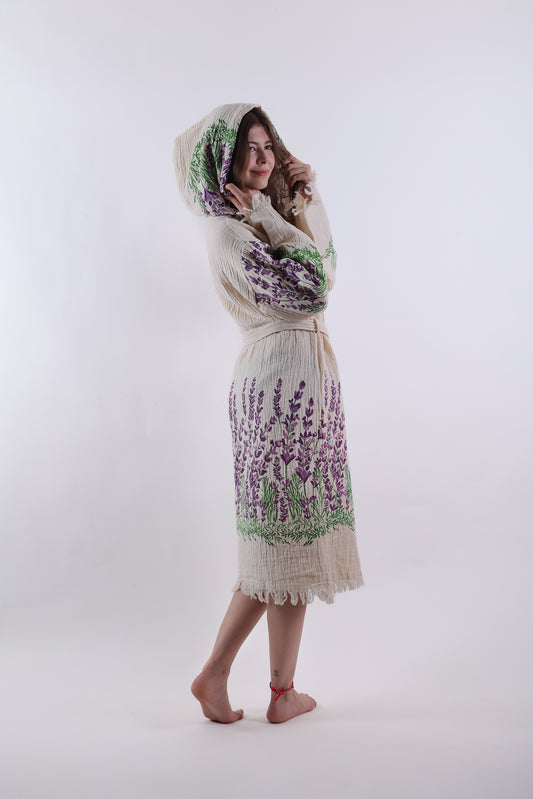 Müslin Lavanta Desenli Kapüşonlu Bornoz - Reina Textile