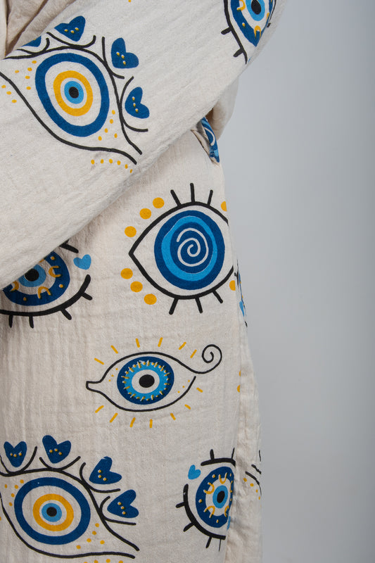 Müslin Nazar Boncuğu Desenli Kapüşonlu Bornoz - Reina Textile