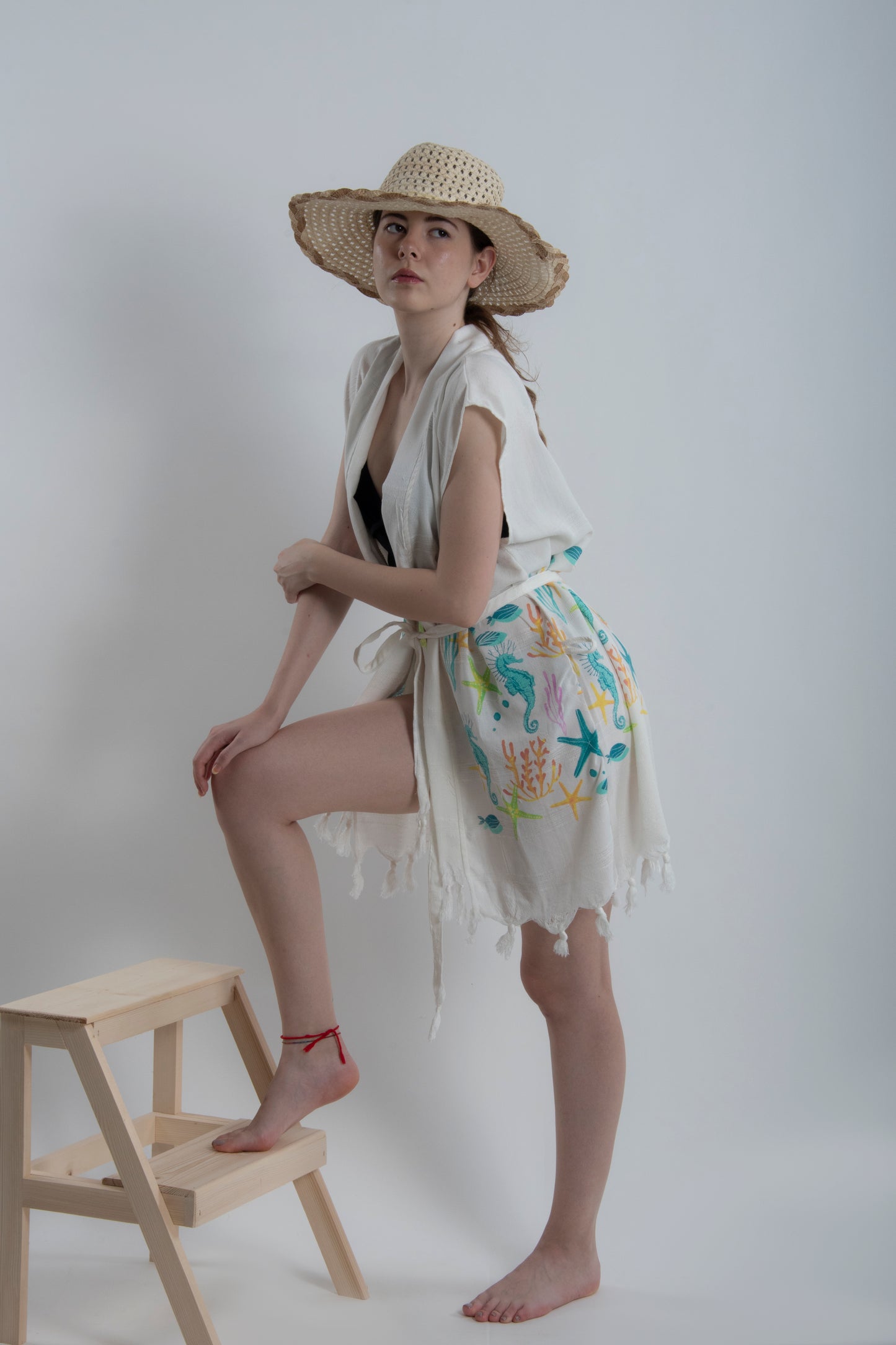 Denizaltı Desenli Viskon Kimono Kuşaklı Yelek